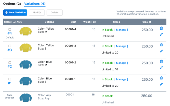 product variations backend