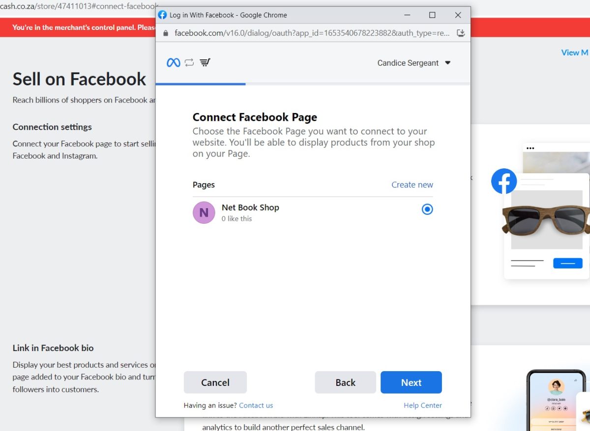 Connect Facebook page to Netcash Shop